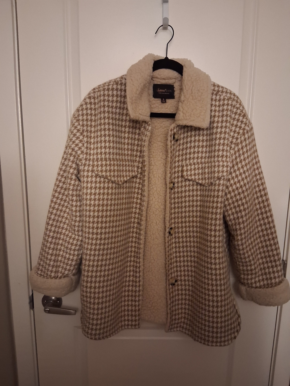 Sweet Rain Cream & Tan Teddy Houndstooth Jacket